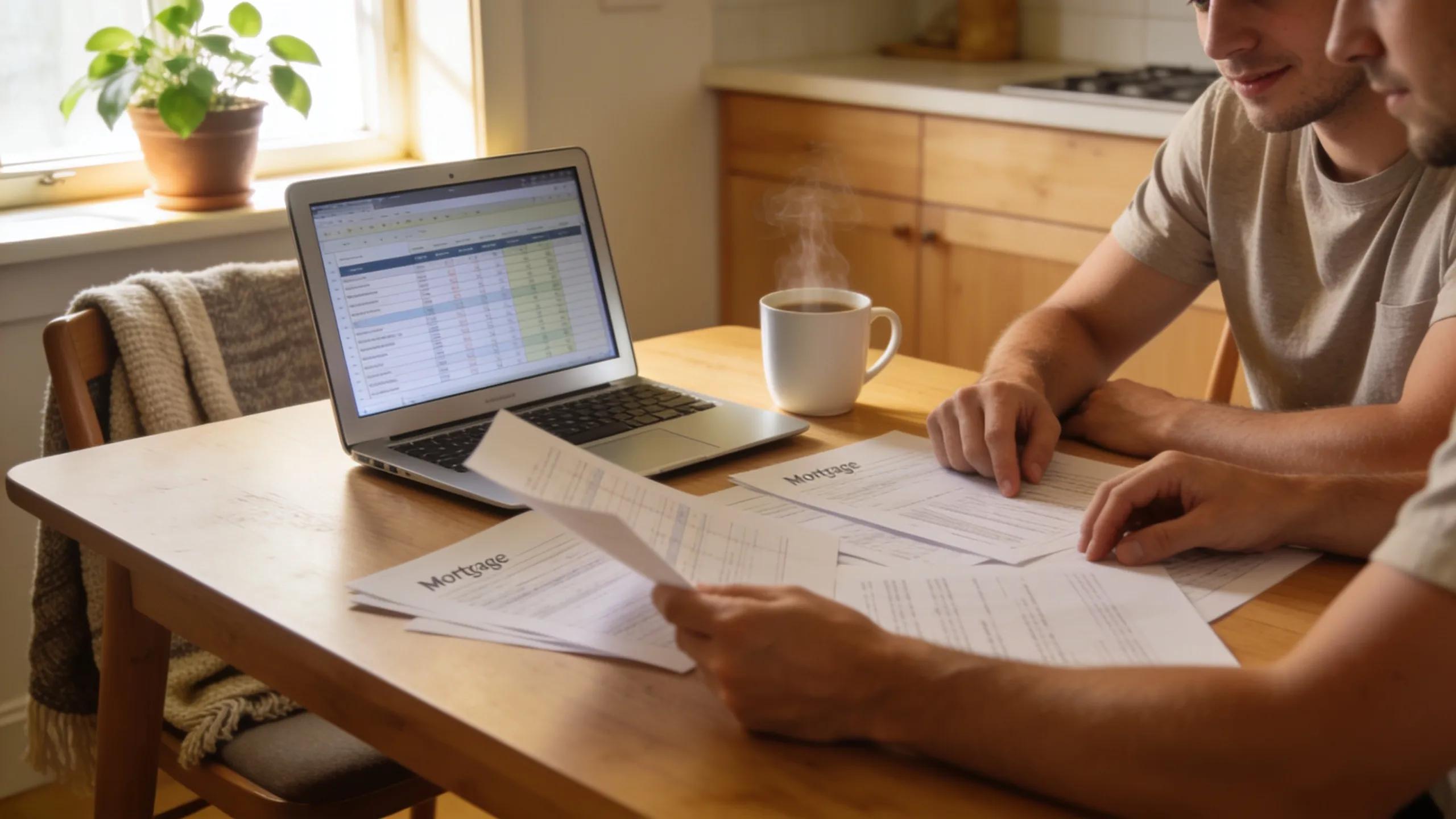 Couple reviewing mortgage documents at a kitchen table for financial planning