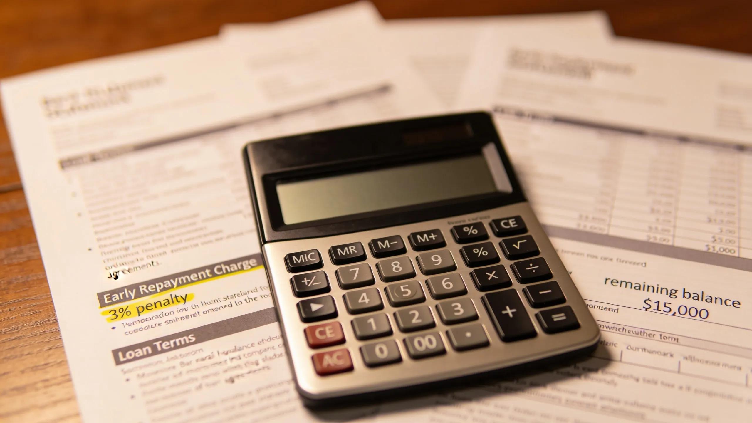 Calculator and financial documents emphasising early repayment charges