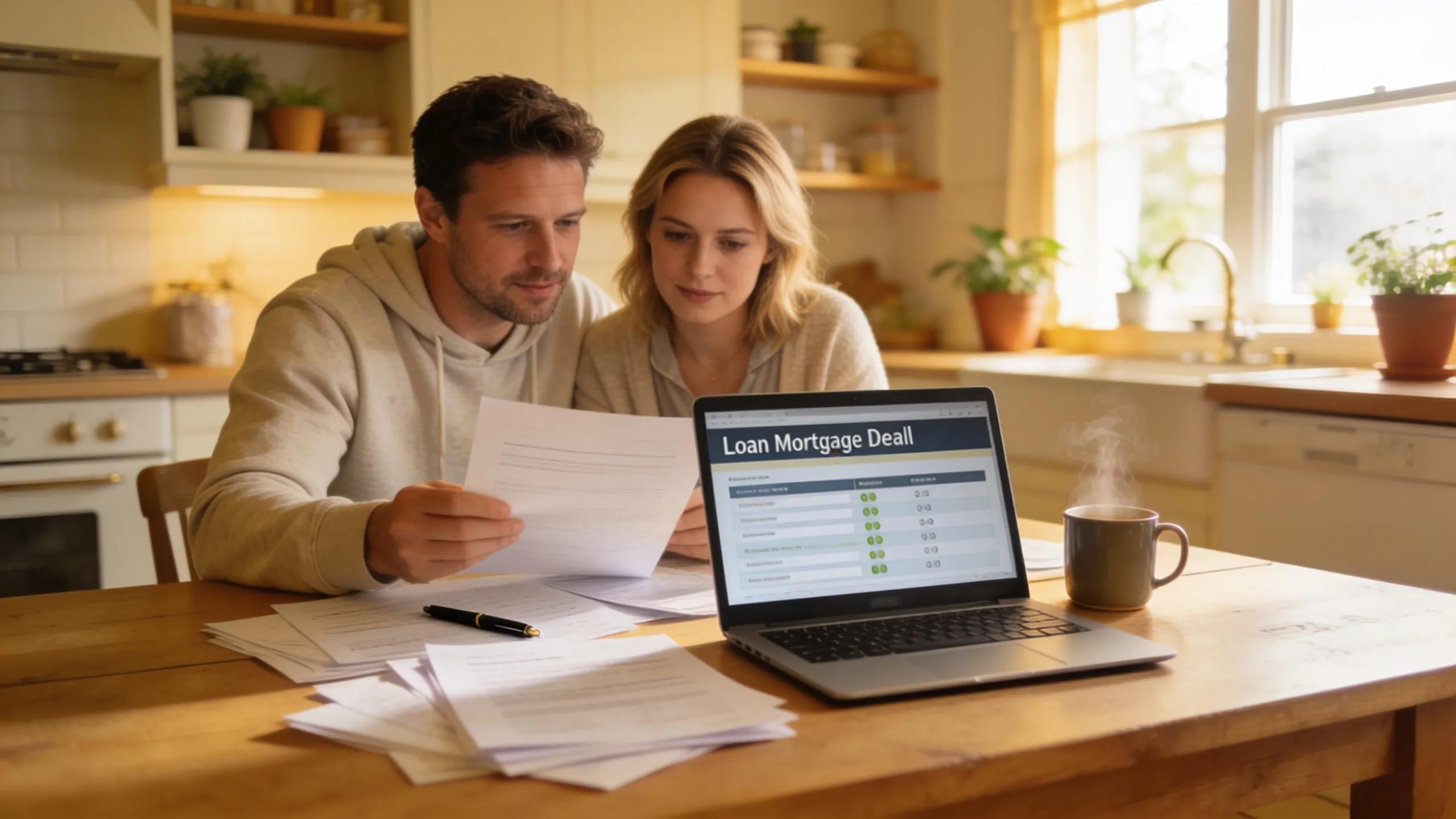 UK couple reviewing mortgage deal options at home kitchen table six months before fixed rate ends