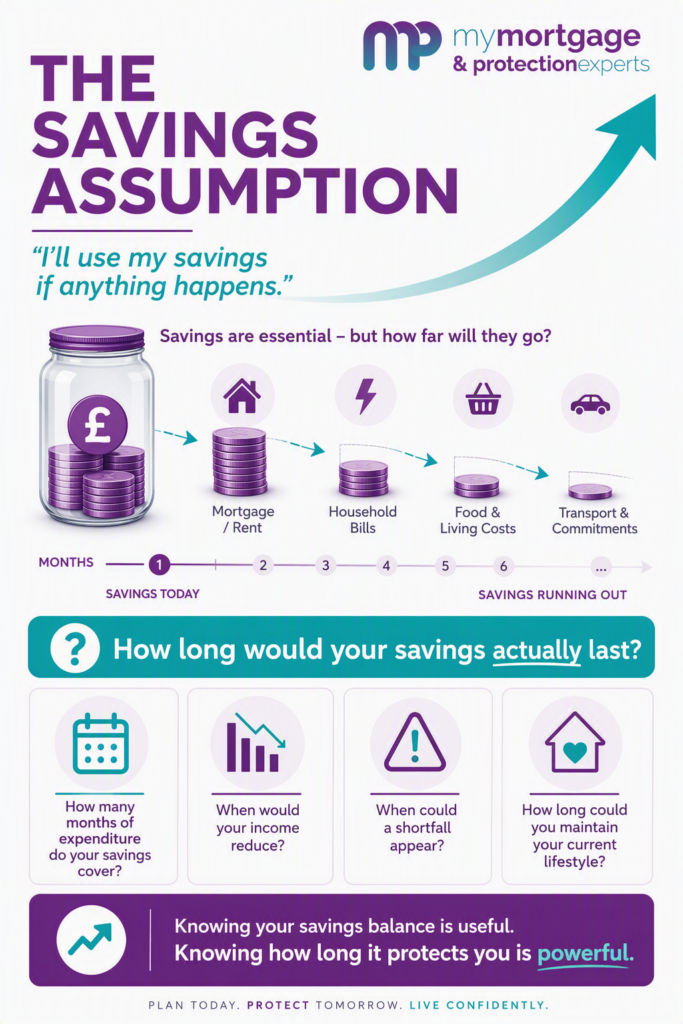 Mobile-friendly MMPE infographic showing how savings can reduce over time when covering mortgage, household bills, living costs and transport expenses. The graphic asks “How long would your savings actually last?” and highlights key financial resilience questions around expenditure, income reduction, potential shortfalls and maintaining a current lifestyle.