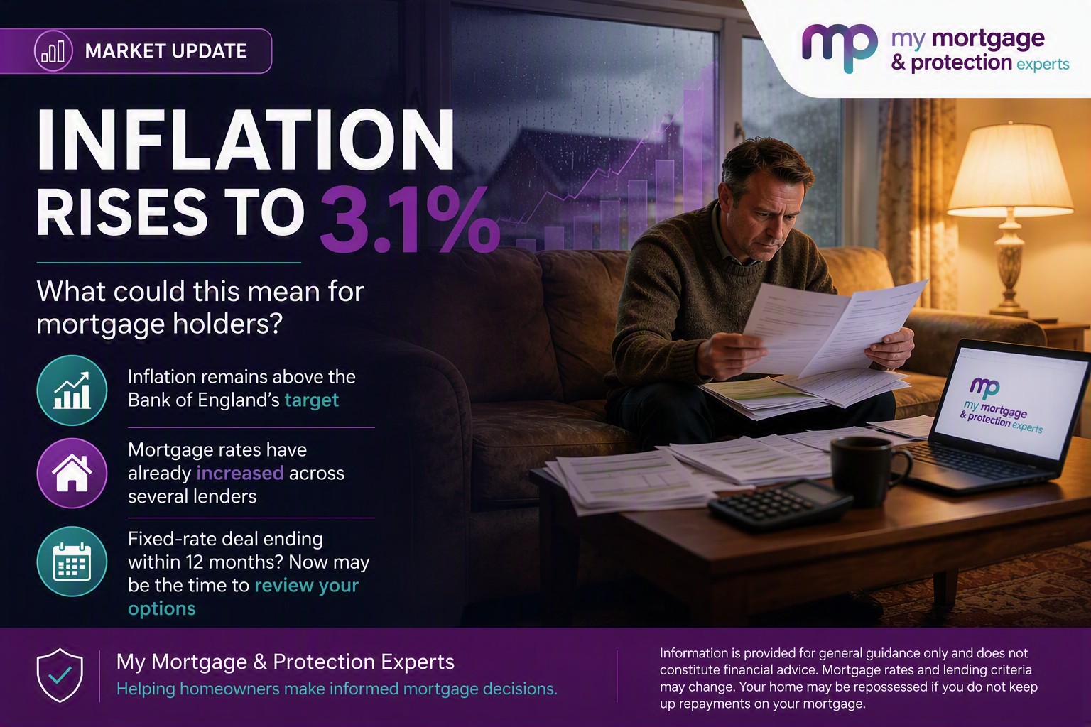 UK homeowner reviewing mortgage documents in a cozy living room amid rising inflation concerns